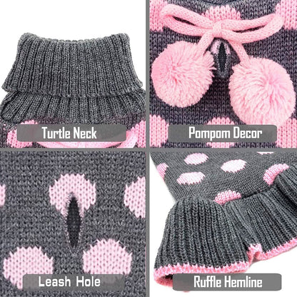 Dog Sweaters with Leash Hole for Small Dogs Turtleneck Dog Sweater Dress for Girl Polka Dot Knit Pullover Doggie Sweater Warm Pet Sweater