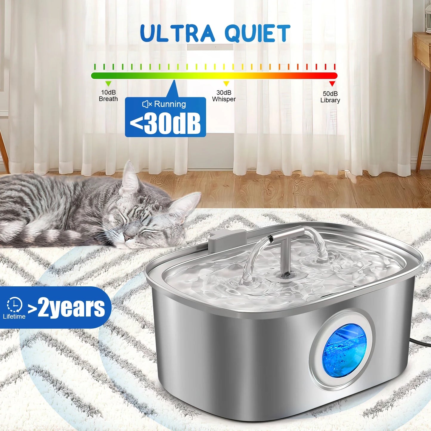 Cat Water Fountain Stainless Steel,  108Oz/3.2L Pet Fountain with Water Level Window, Dog Water Dispenser Drinking Fountain with 4 Replacement Filters for Cats, Dogs, Multiple Pets