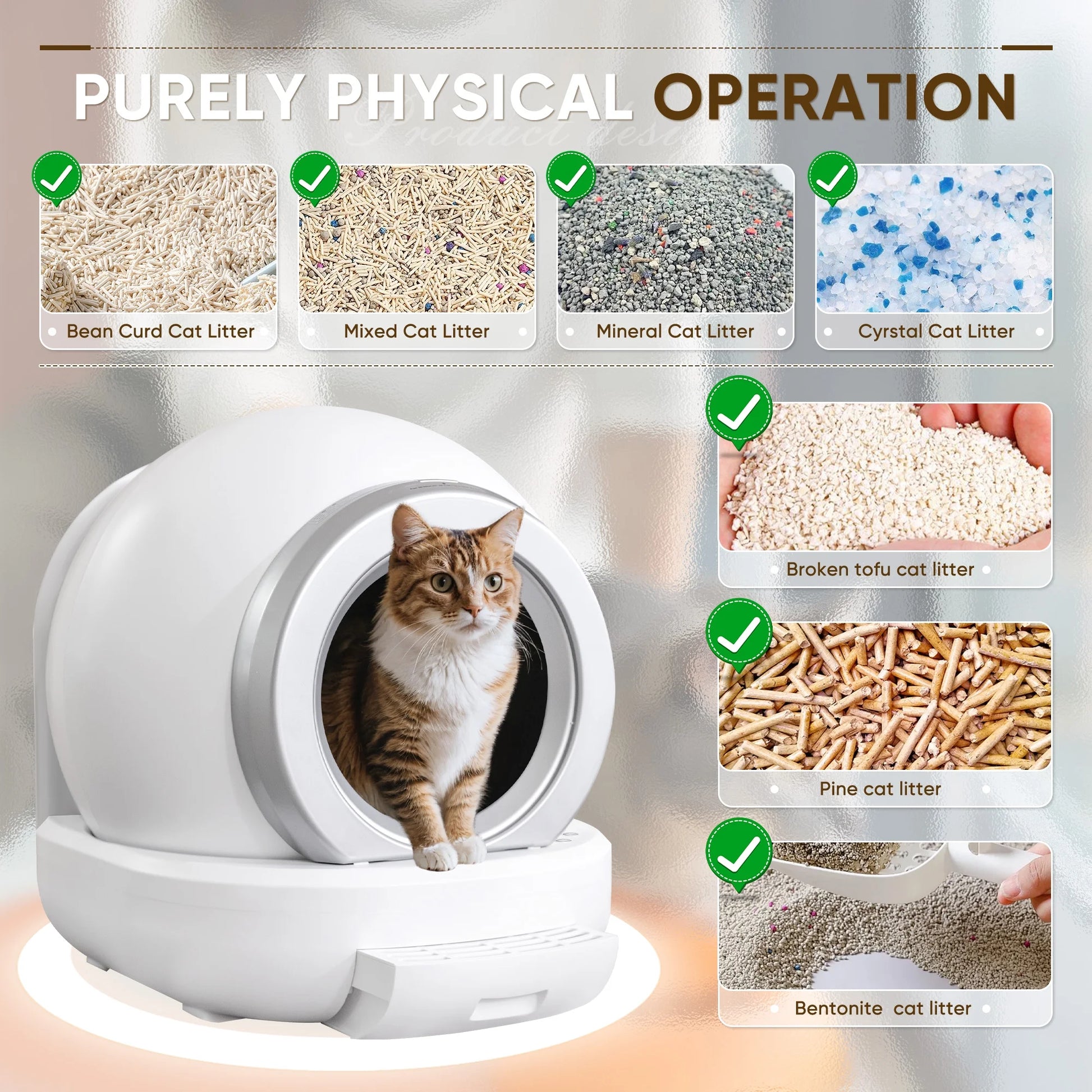 Automatic Self-Cleaning Cat Litter Box with Plastic Pad, Smart Cat Litter Box with APP Control, White