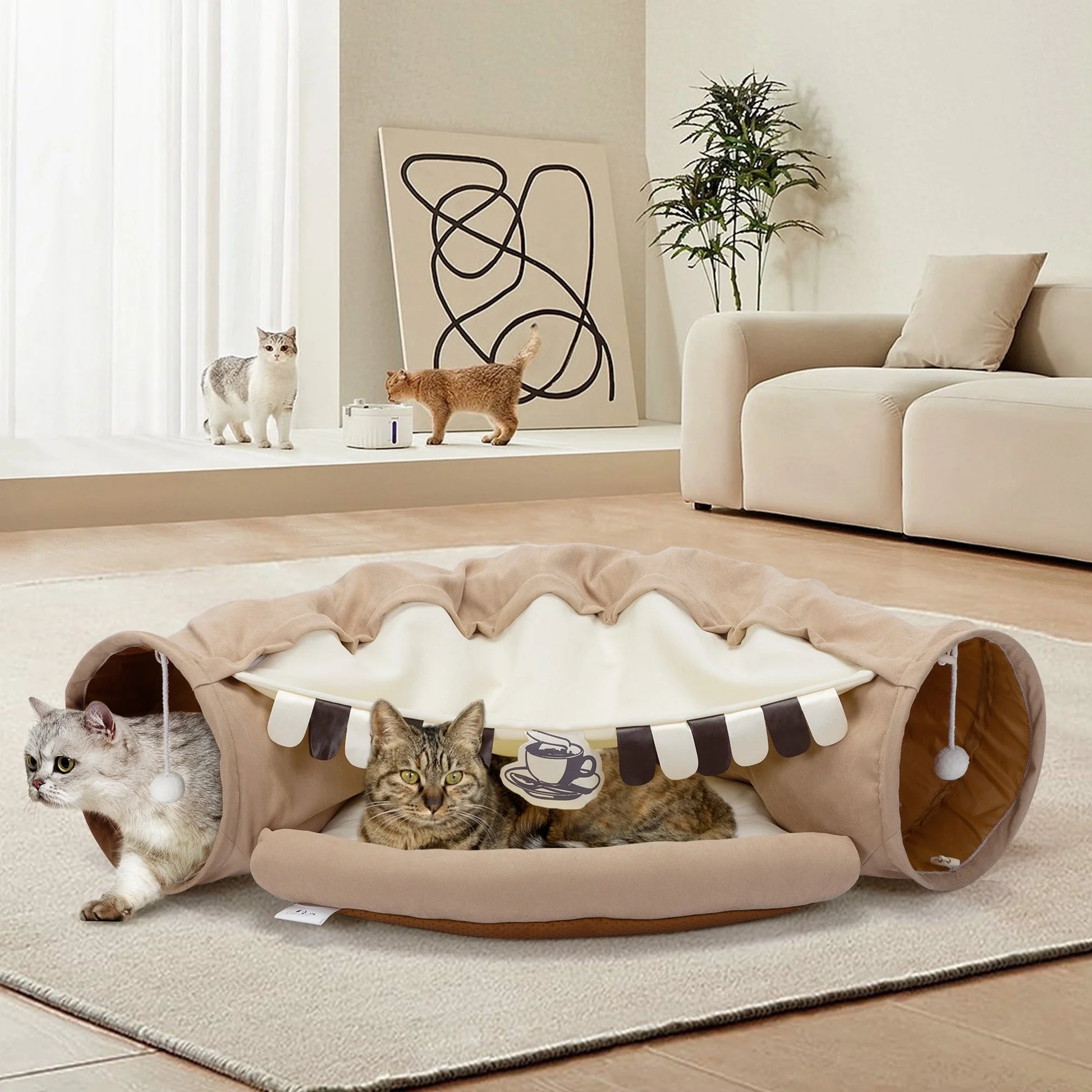 2-In-1 Cat Tunnel Bed, Cat Tube with Collapsible Washable Mat for Indoor Cats, Coffee