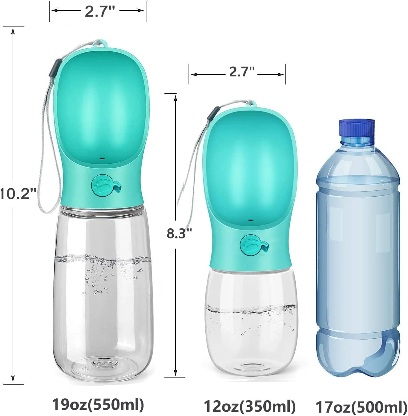 8.3*2.5" Dog Water Bottle, 12Oz Leak Proof Portable Puppy Water Dispenser with Drinking Feeder for Pets Outdoor Walking Hiking Travel Food Grade Plastic - Blue