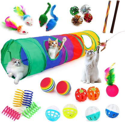 25-Piece Cat Toys Kit with Rainbow Tunnel - Interactive Cat Toy Bundle for Indoor Cats, Kitten Playtime Variety Set Includes Feather Teaser, Springs, Balls, Mice & Noise Toys