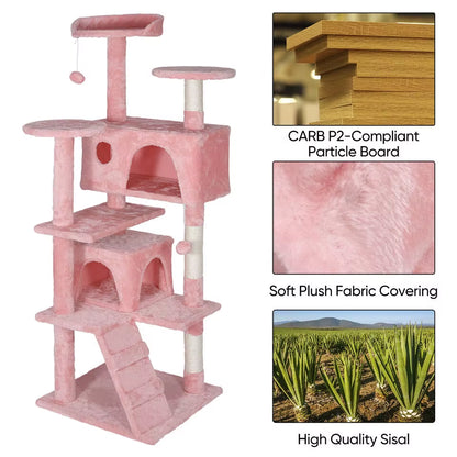 55'' Kitty Cat Tree Pink Cat Condo Tower with Scratching Post Cat Furniture