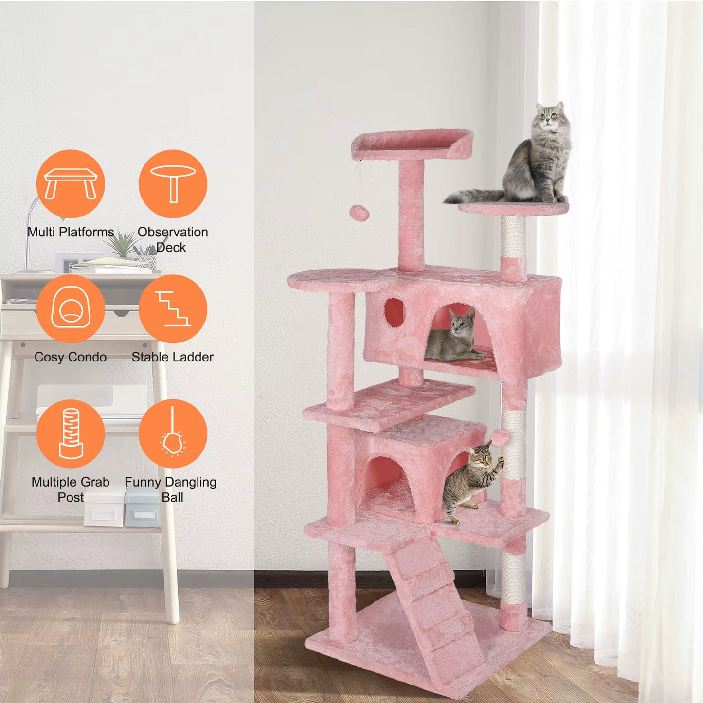 55'' Kitty Cat Tree Pink Cat Condo Tower with Scratching Post Cat Furniture